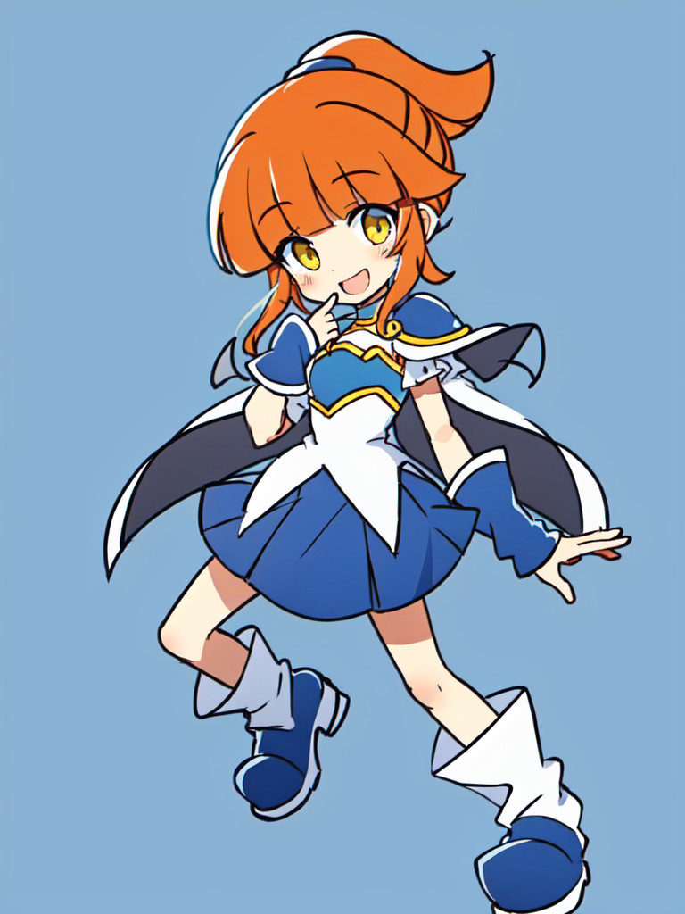 00068-382064525-arle nadja kawaii petit cute girl yellow eyes brown hair,half updo short topknot blue skirt, blue short sleeves, blue breast arm.png